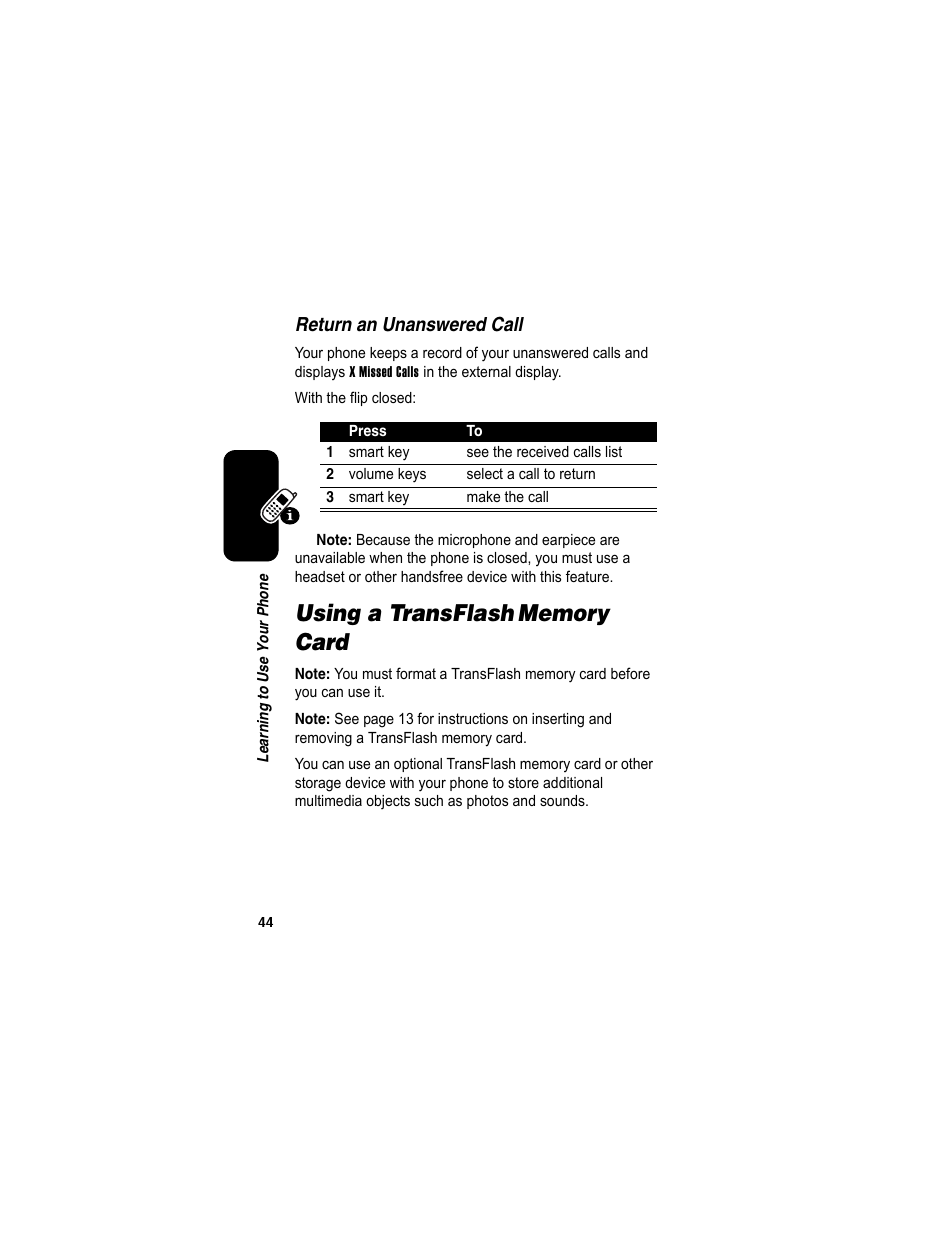 Using a transflash memory card, Using a transflash | Motorola A840 User Manual | Page 46 / 284