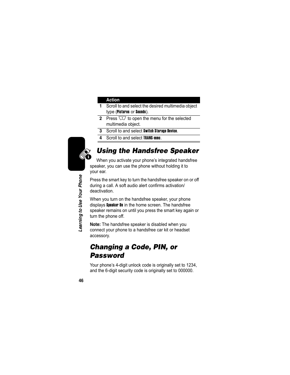 Using the handsfree speaker, Changing a code, pin, or password | Motorola A840 User Manual | Page 48 / 284