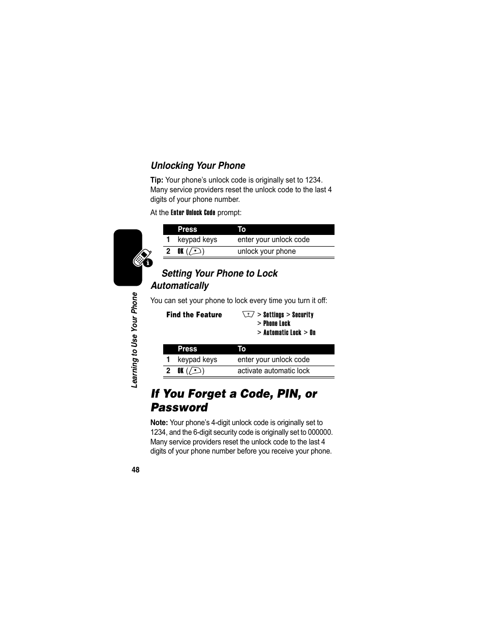 If you forget a code, pin, or password | Motorola A840 User Manual | Page 50 / 284