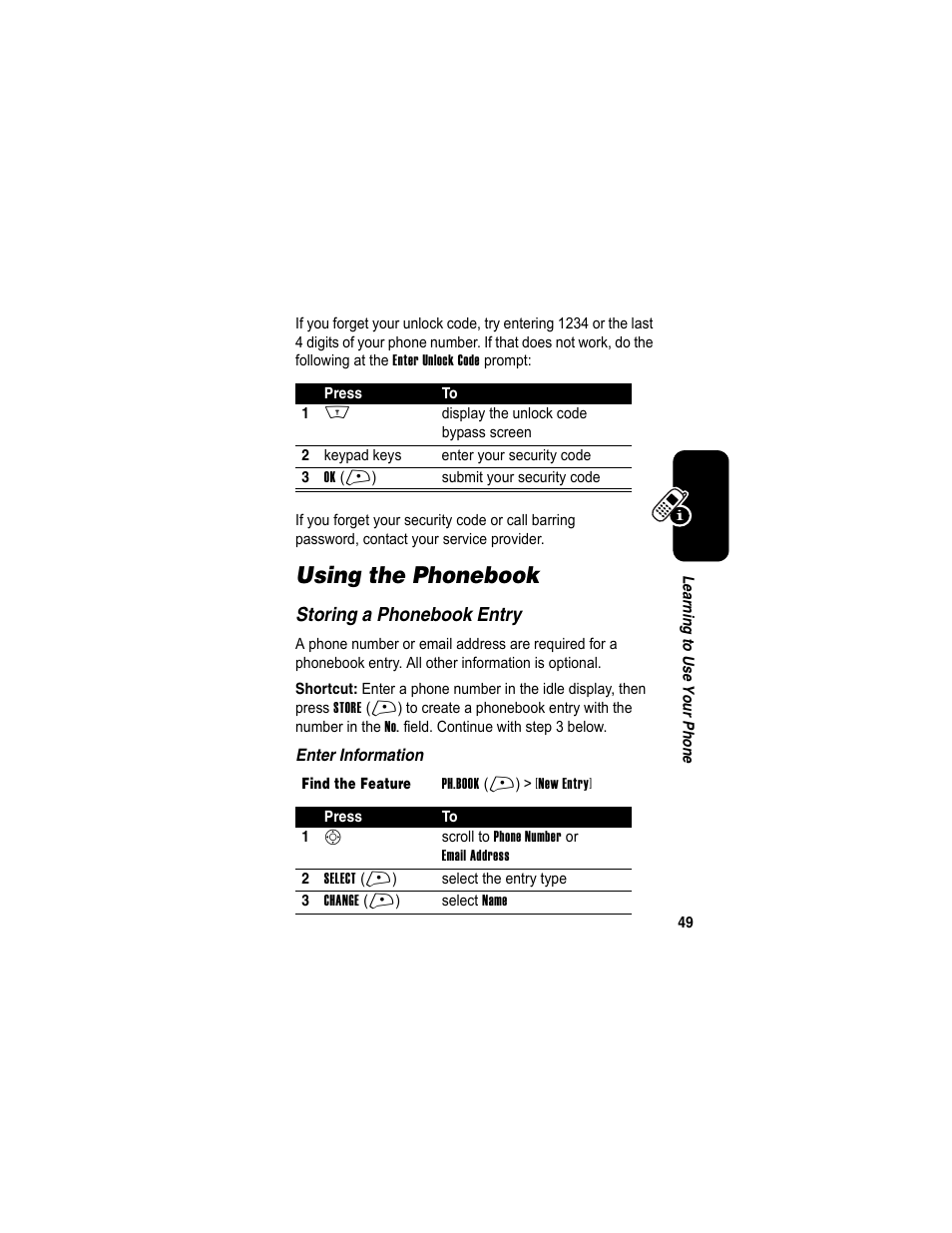 Using the phonebook | Motorola A840 User Manual | Page 51 / 284