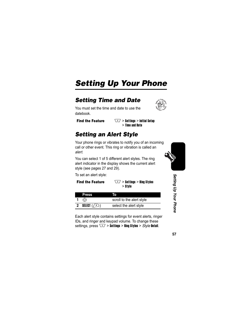 Setting up your phone, Setting time and date, Setting an alert style | Setting time and date setting an alert style | Motorola A840 User Manual | Page 59 / 284