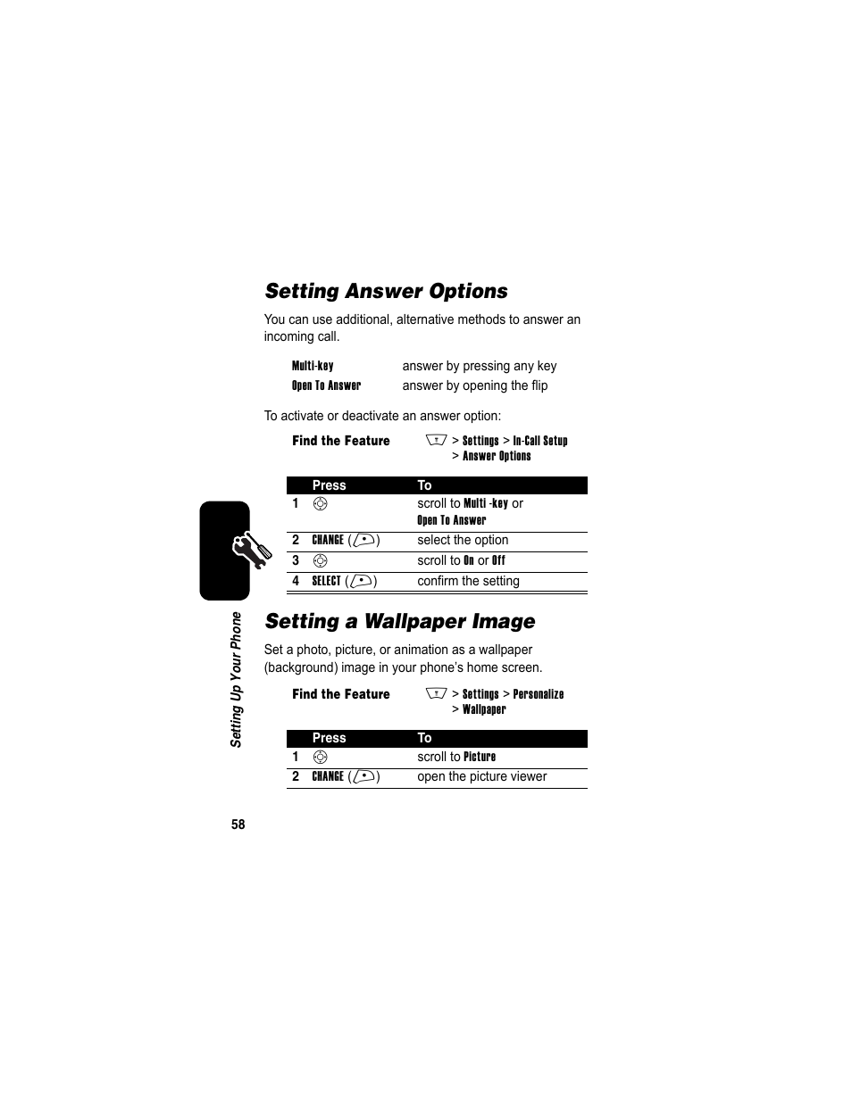 Setting answer options, Setting a wallpaper image, Setting answer options setting a wallpaper image | Motorola A840 User Manual | Page 60 / 284