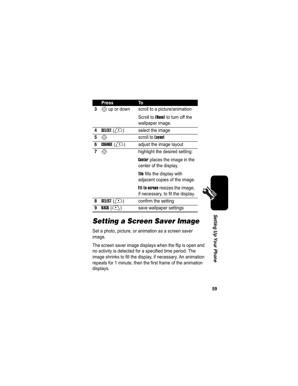 Setting a screen saver image | Motorola A840 User Manual | Page 61 / 284