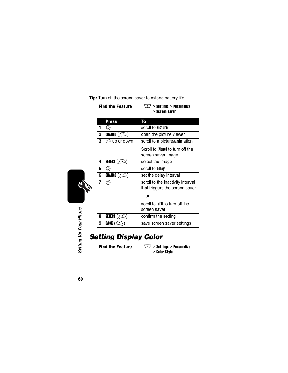 Setting display color | Motorola A840 User Manual | Page 62 / 284