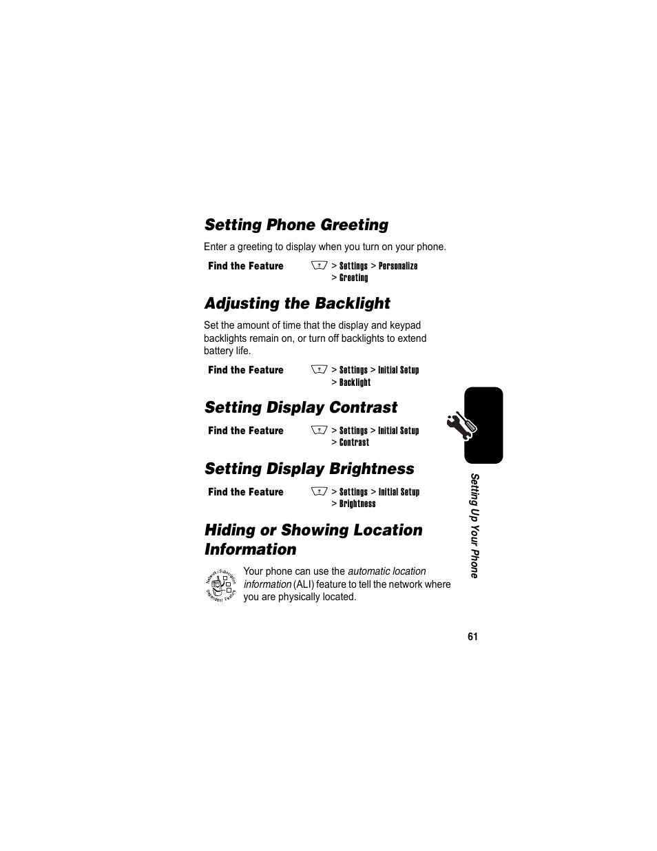 Setting phone greeting, Adjusting the backlight, Setting display contrast | Setting display brightness, Hiding or showing location information | Motorola A840 User Manual | Page 63 / 284