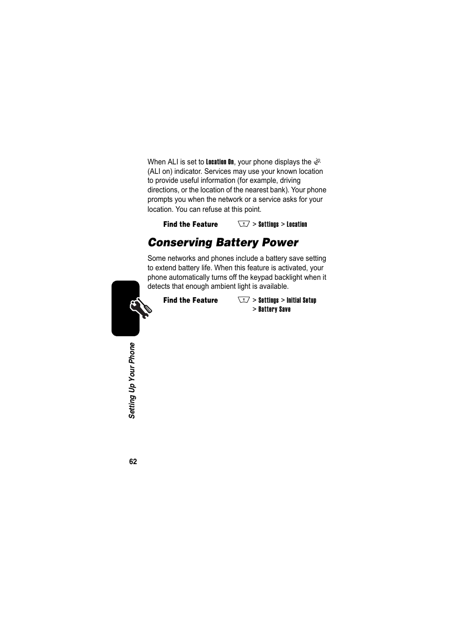 Conserving battery power | Motorola A840 User Manual | Page 64 / 284