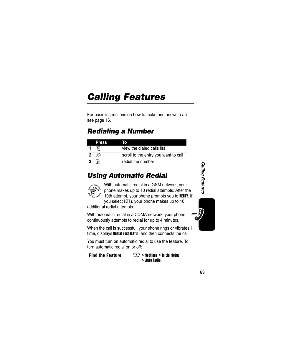 Calling features, Redialing a number, Using automatic redial | Redialing a number using automatic redial | Motorola A840 User Manual | Page 65 / 284
