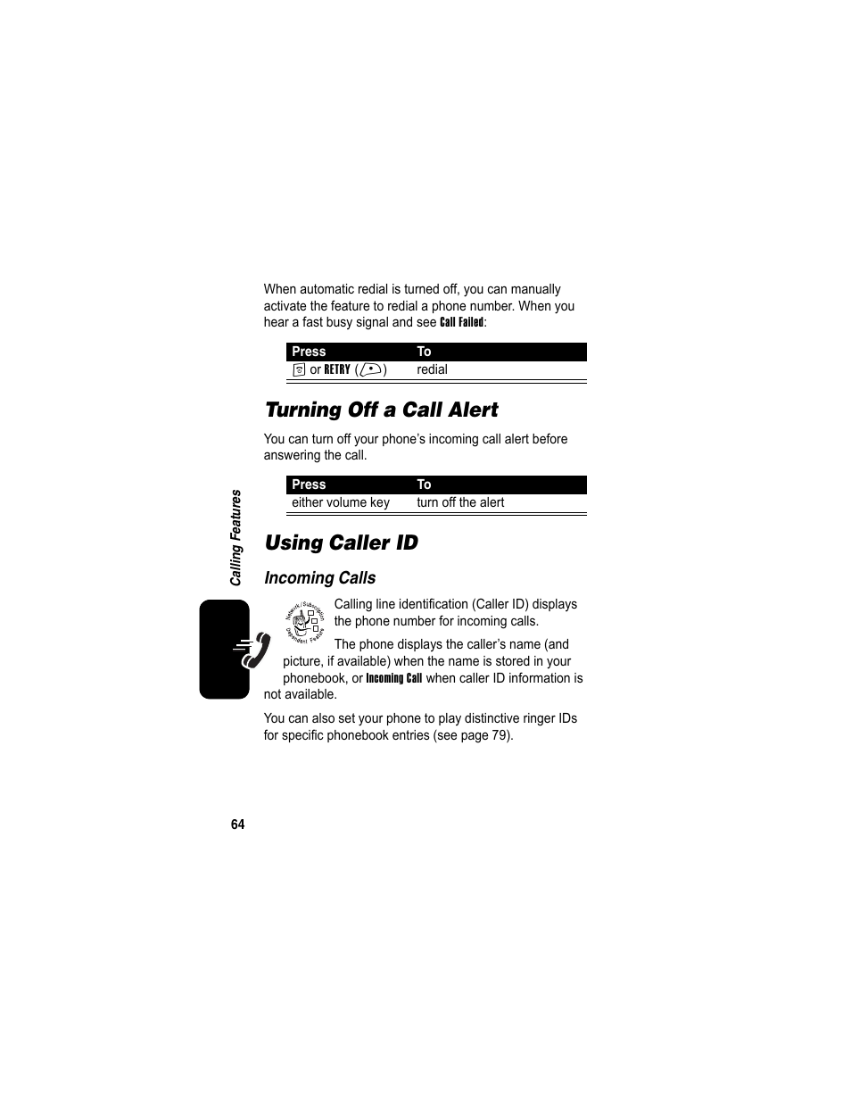 Turning off a call alert, Using caller id, Turning off a call alert using caller id | Motorola A840 User Manual | Page 66 / 284