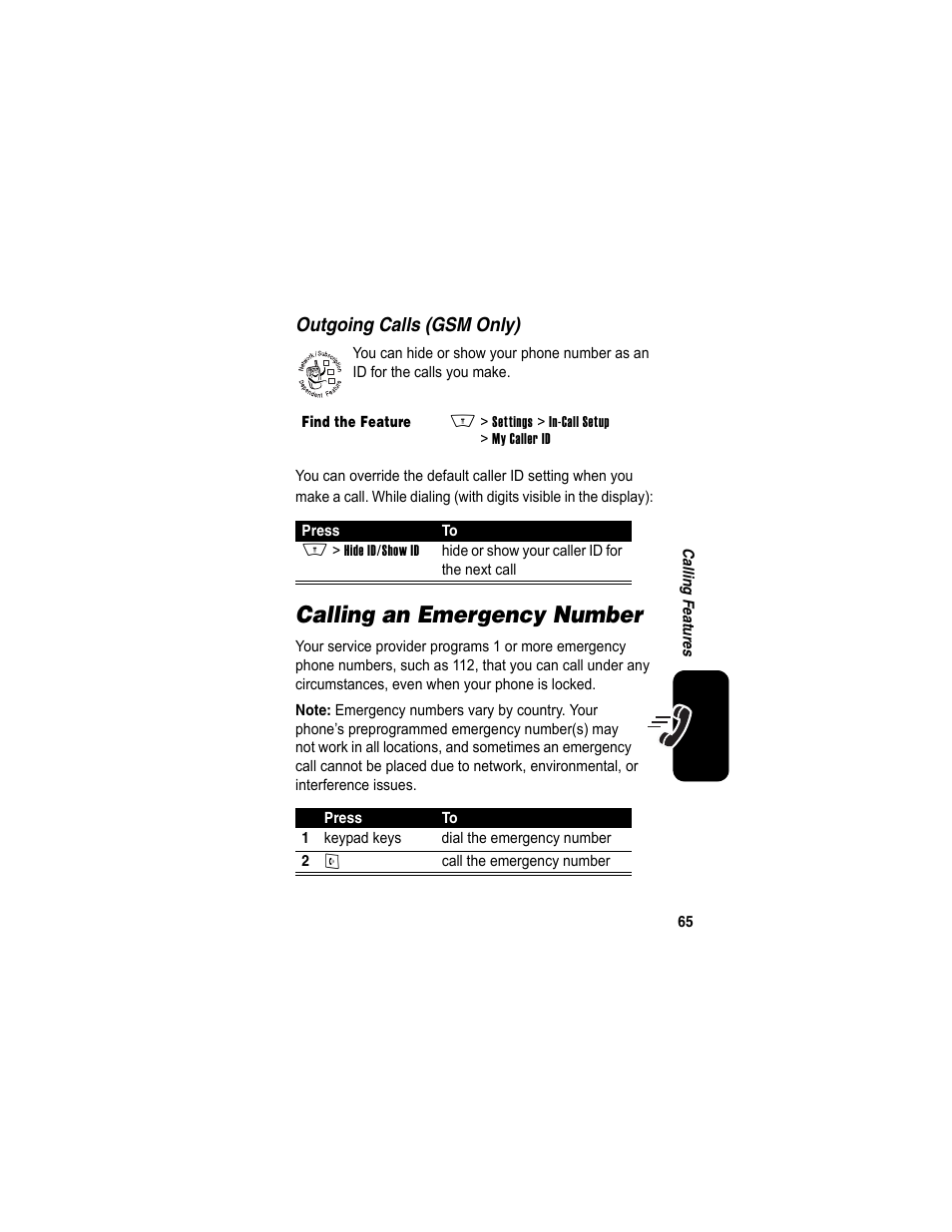 Calling an emergency number | Motorola A840 User Manual | Page 67 / 284