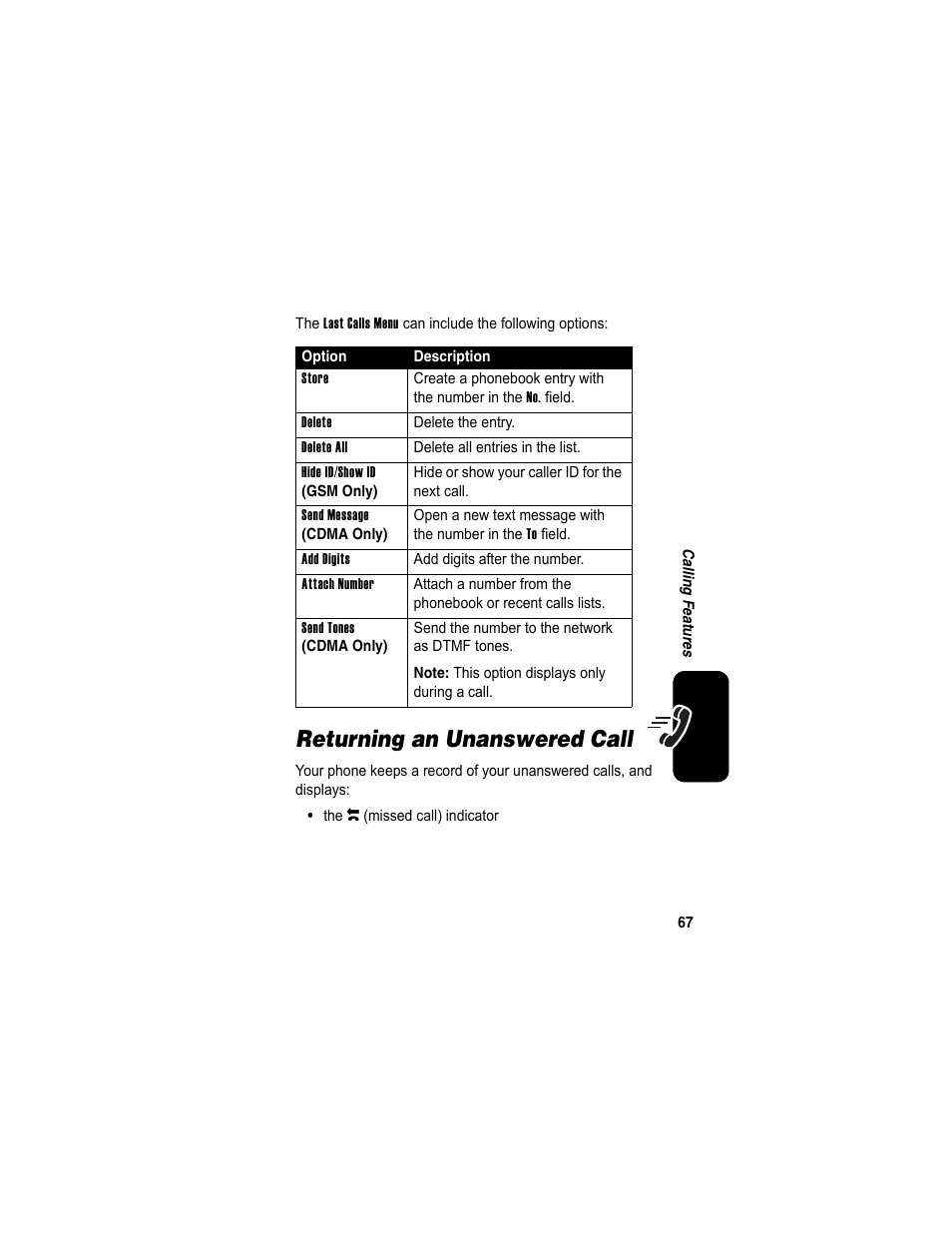 Returning an unanswered call | Motorola A840 User Manual | Page 69 / 284