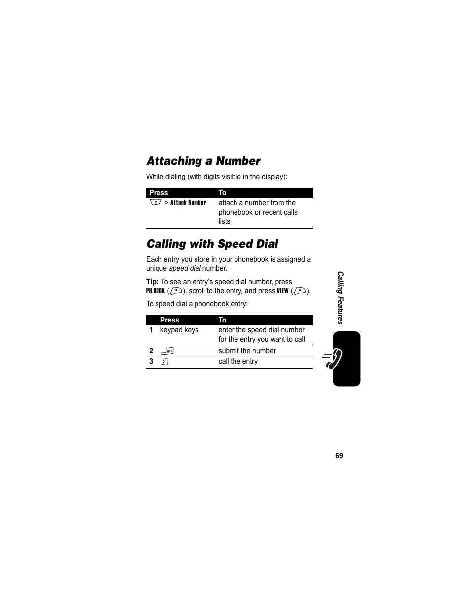 Attaching a number, Calling with speed dial, Attaching a number calling with speed dial | Motorola A840 User Manual | Page 71 / 284