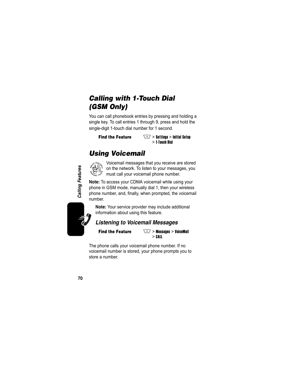 Calling with 1-touch dial (gsm only), Using voicemail | Motorola A840 User Manual | Page 72 / 284