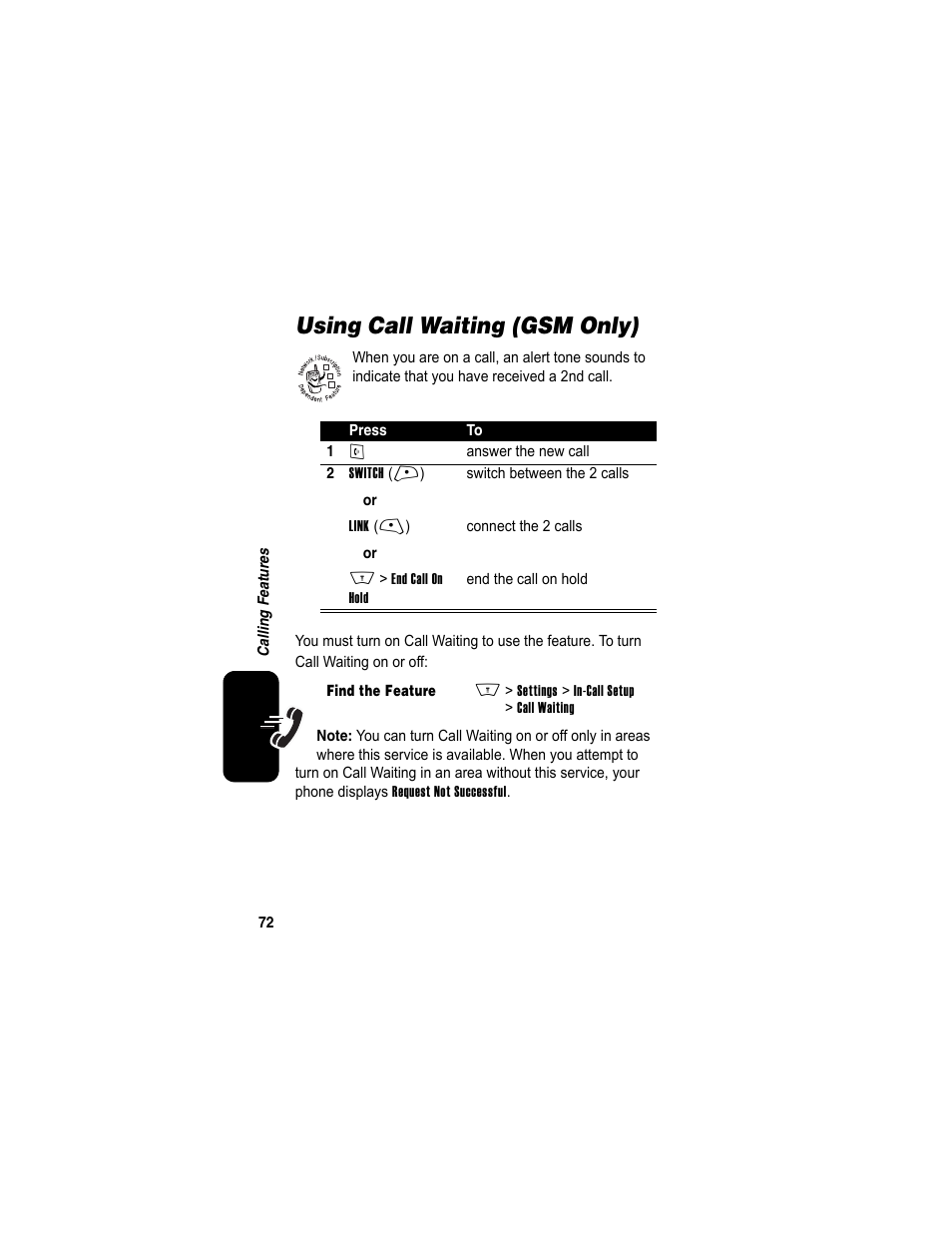 Using call waiting (gsm only) | Motorola A840 User Manual | Page 74 / 284