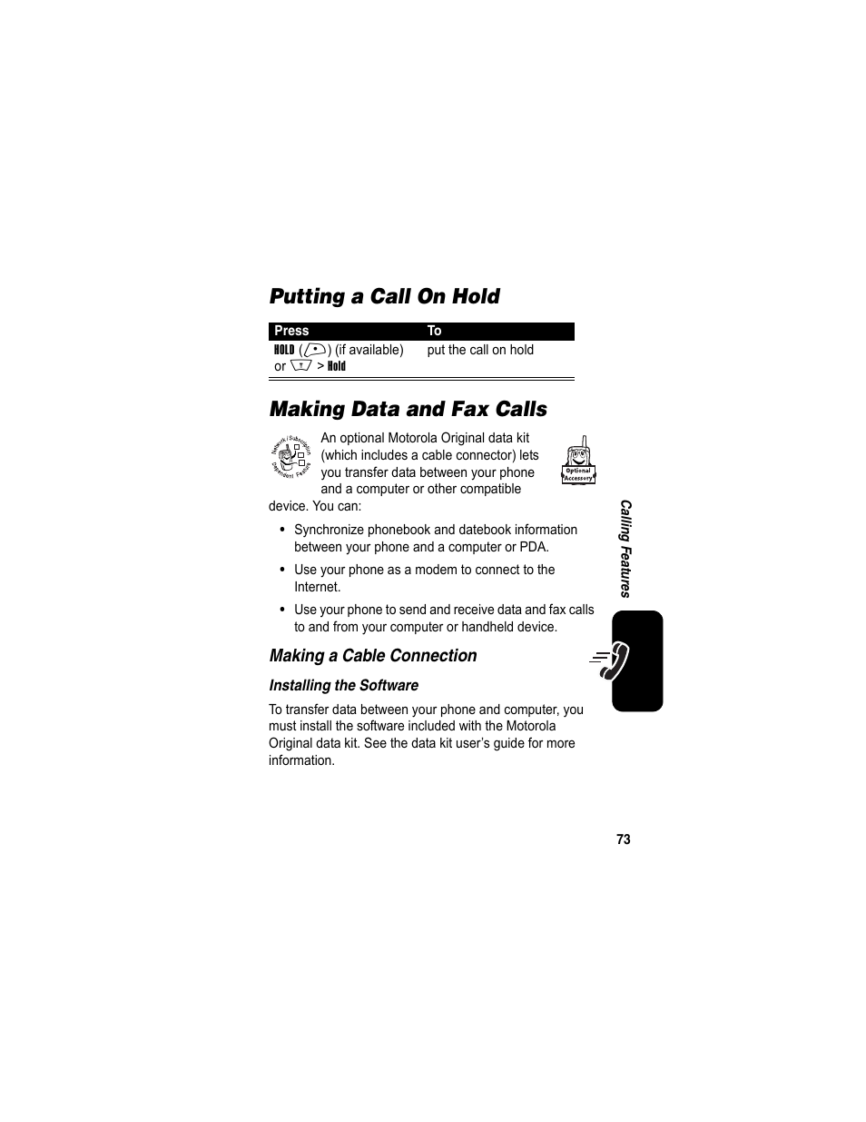 Putting a call on hold, Making data and fax calls, Putting a call on hold making data and fax calls | Motorola A840 User Manual | Page 75 / 284