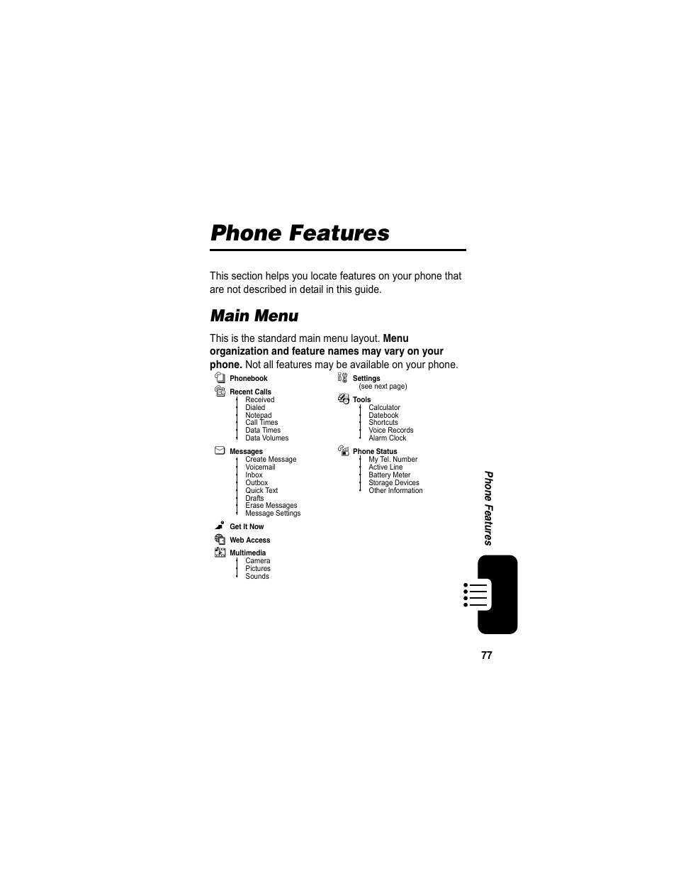 Phone features, Main menu | Motorola A840 User Manual | Page 79 / 284