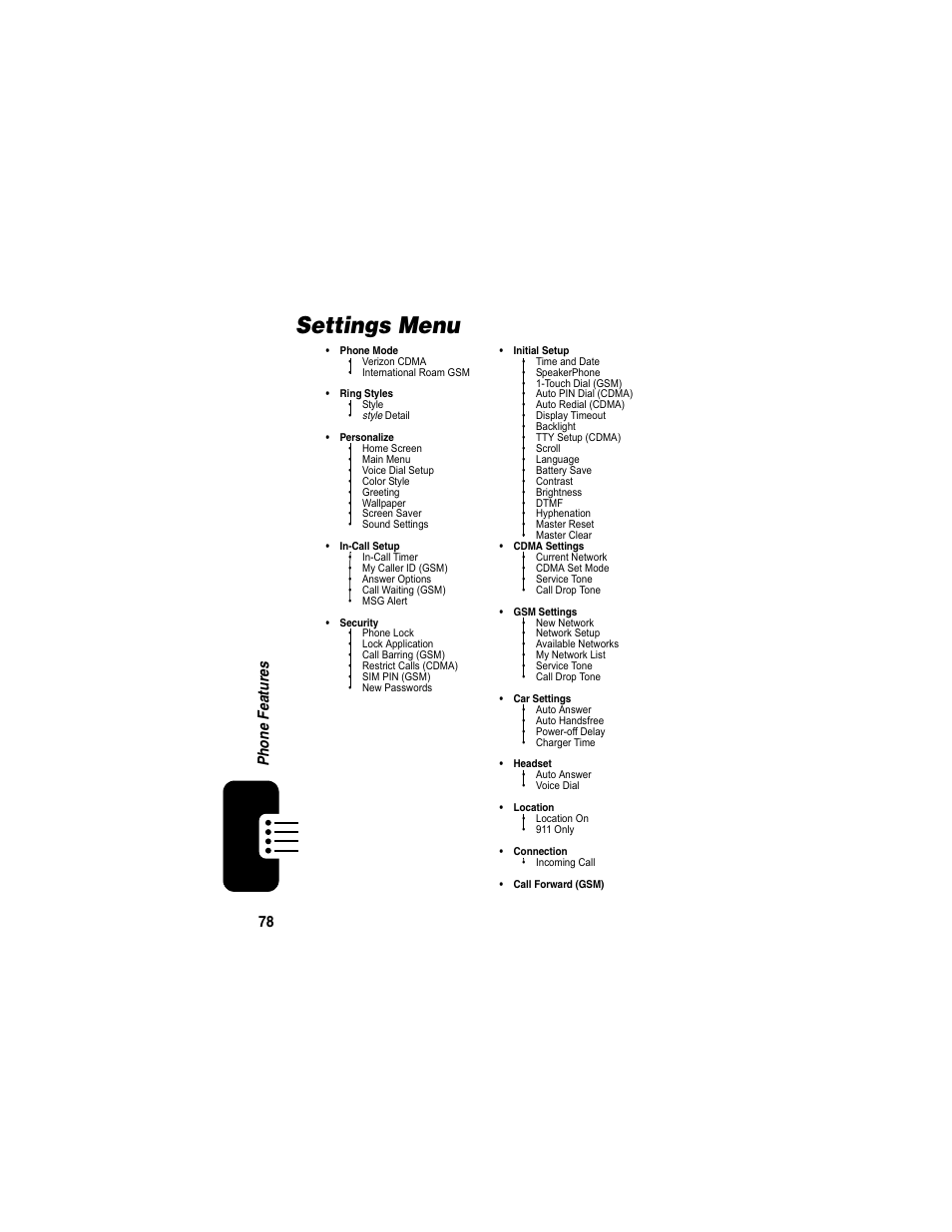 Settings menu, 78 ph on e fe ature s | Motorola A840 User Manual | Page 80 / 284