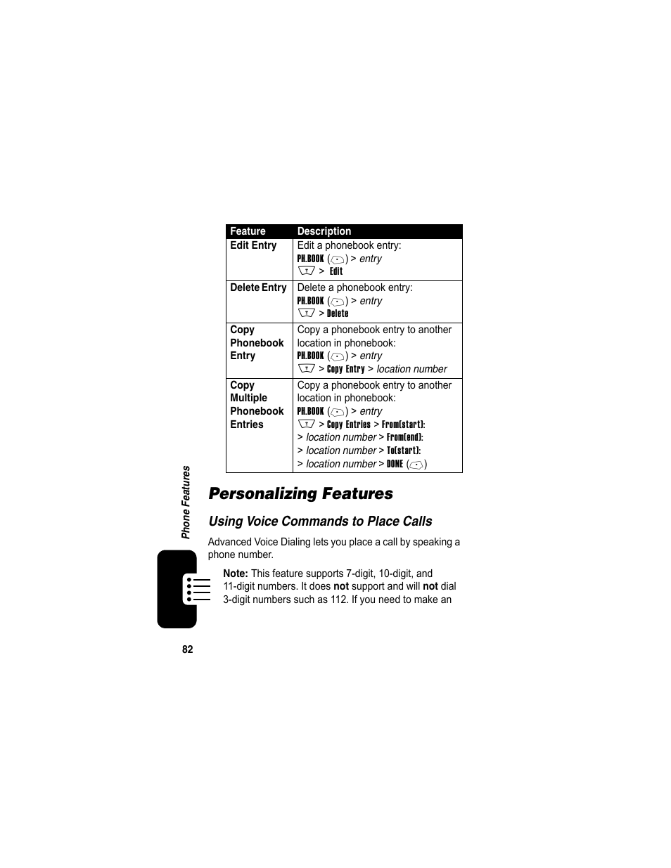 Personalizing features, Using voice commands to place calls | Motorola A840 User Manual | Page 84 / 284