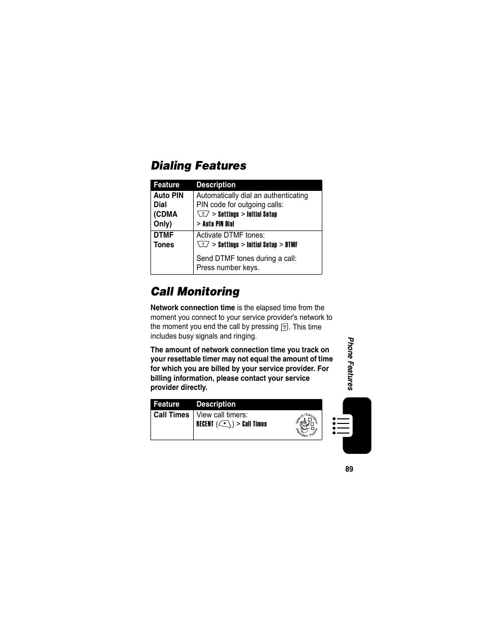 Dialing features, Call monitoring, Dialing features call monitoring | Motorola A840 User Manual | Page 91 / 284