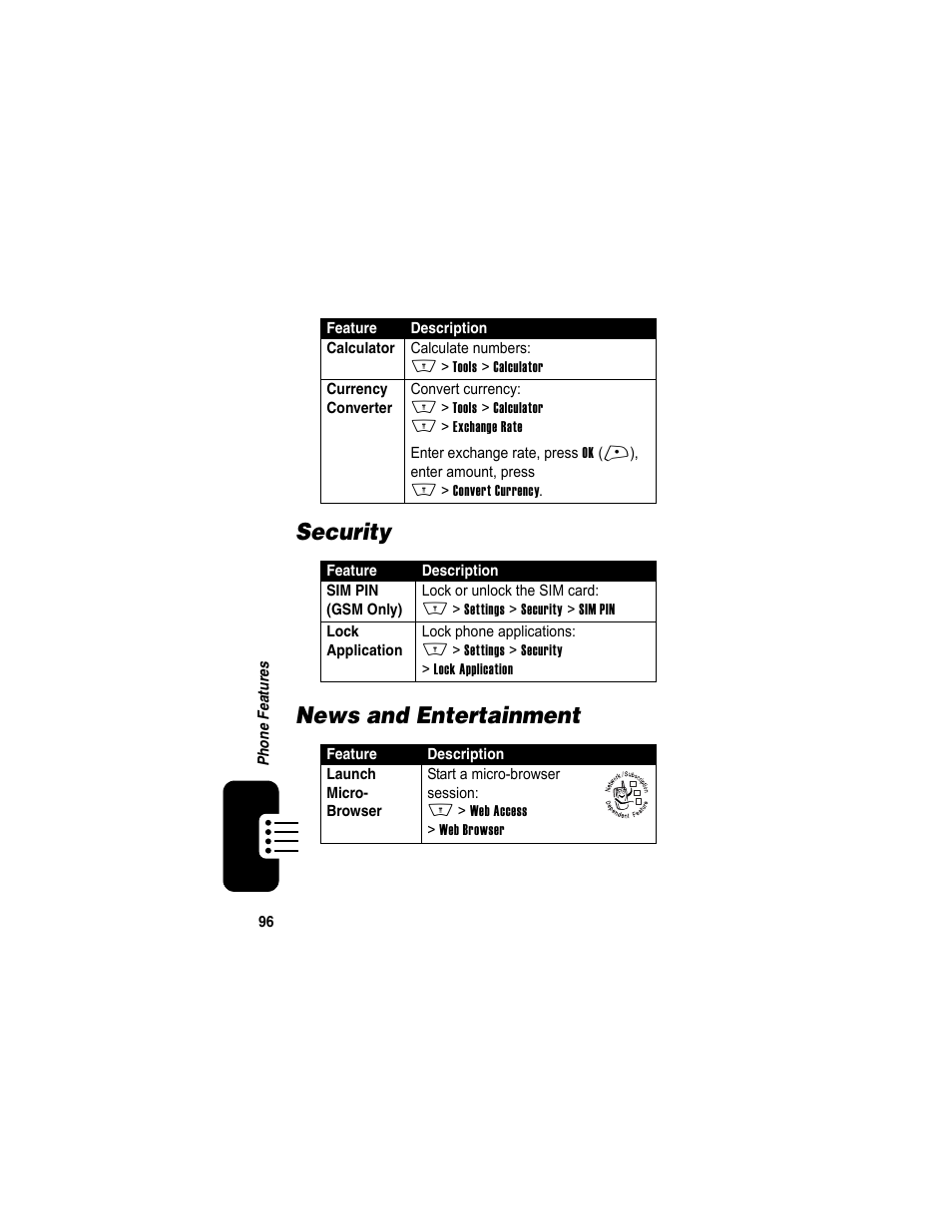 Security, News and entertainment, Security news and entertainment | Motorola A840 User Manual | Page 98 / 284