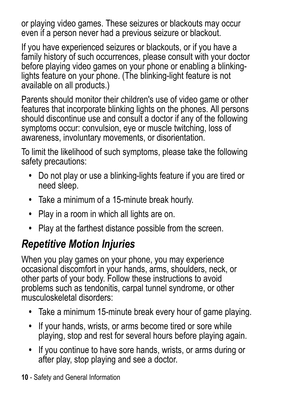 Repetitive motion injuries | Motorola C390 User Manual | Page 10 / 86