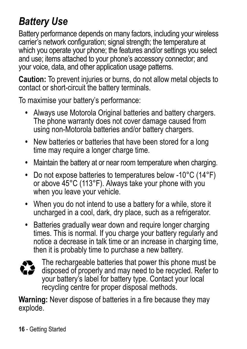 Battery use | Motorola C390 User Manual | Page 16 / 86