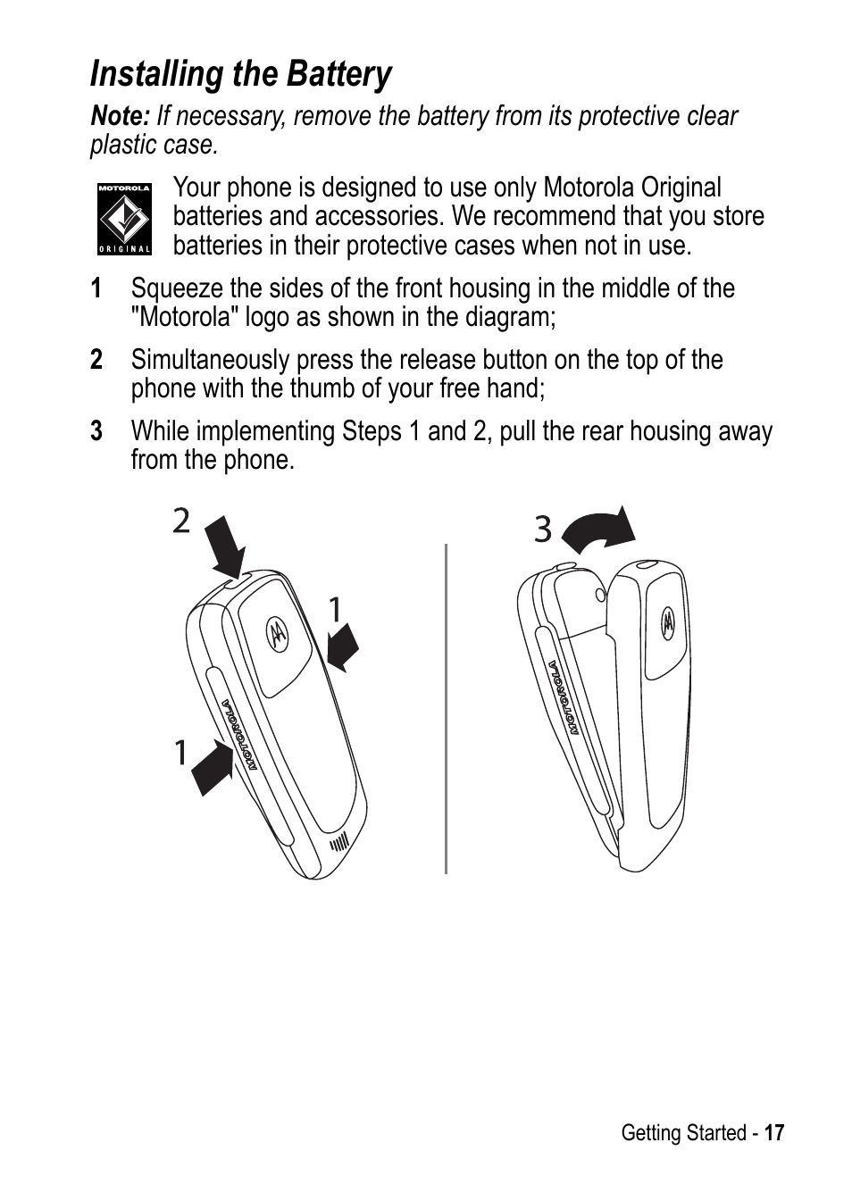 Installing the battery | Motorola C390 User Manual | Page 17 / 86