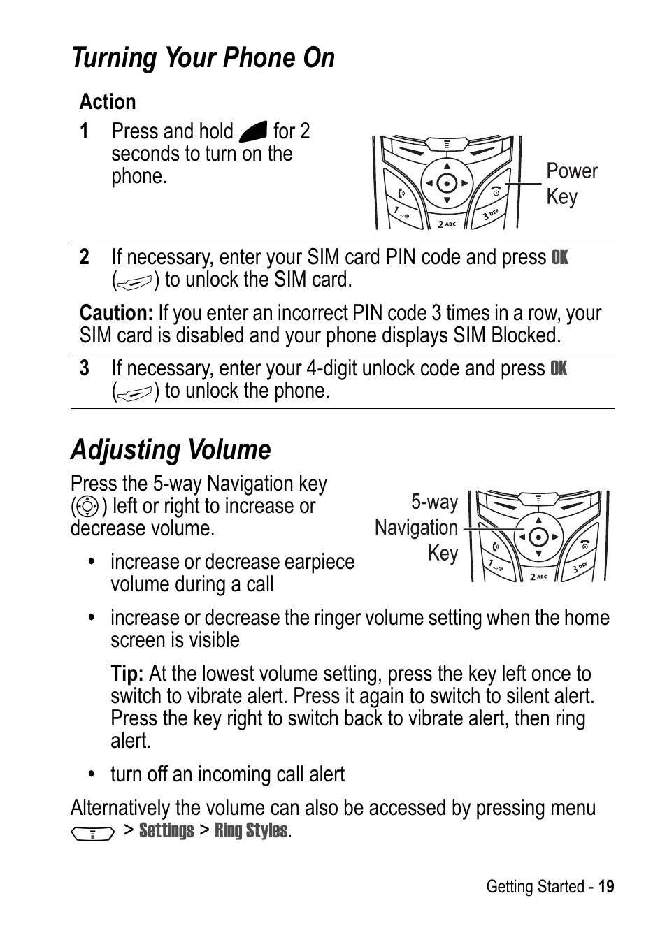 Turning your phone on, Adjusting volume, Turning your phone on adjusting volume | Motorola C390 User Manual | Page 19 / 86