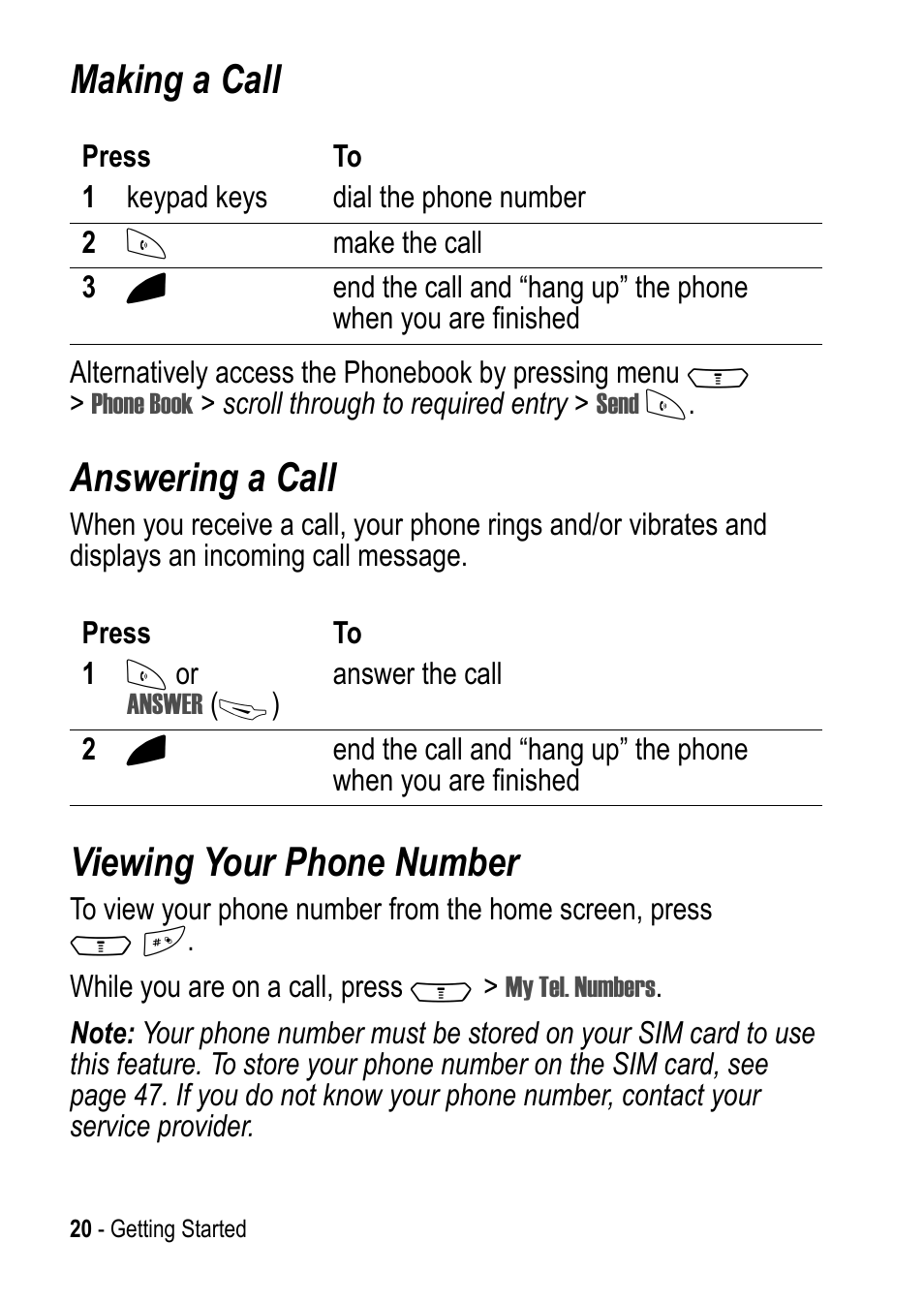 Making a call, Answering a call, Viewing your phone number | Motorola C390 User Manual | Page 20 / 86