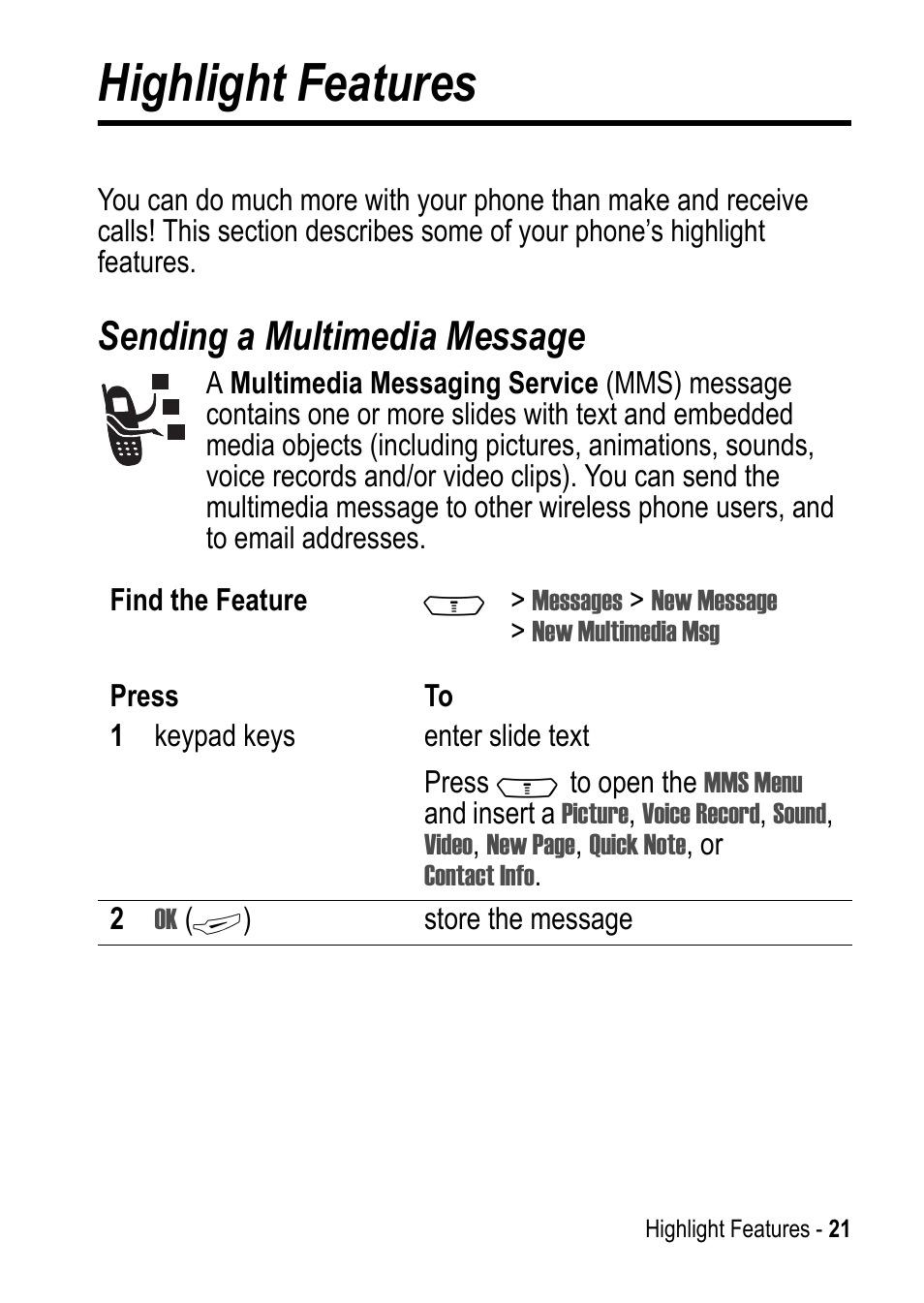 Highlight features, Sending a multimedia message | Motorola C390 User Manual | Page 21 / 86