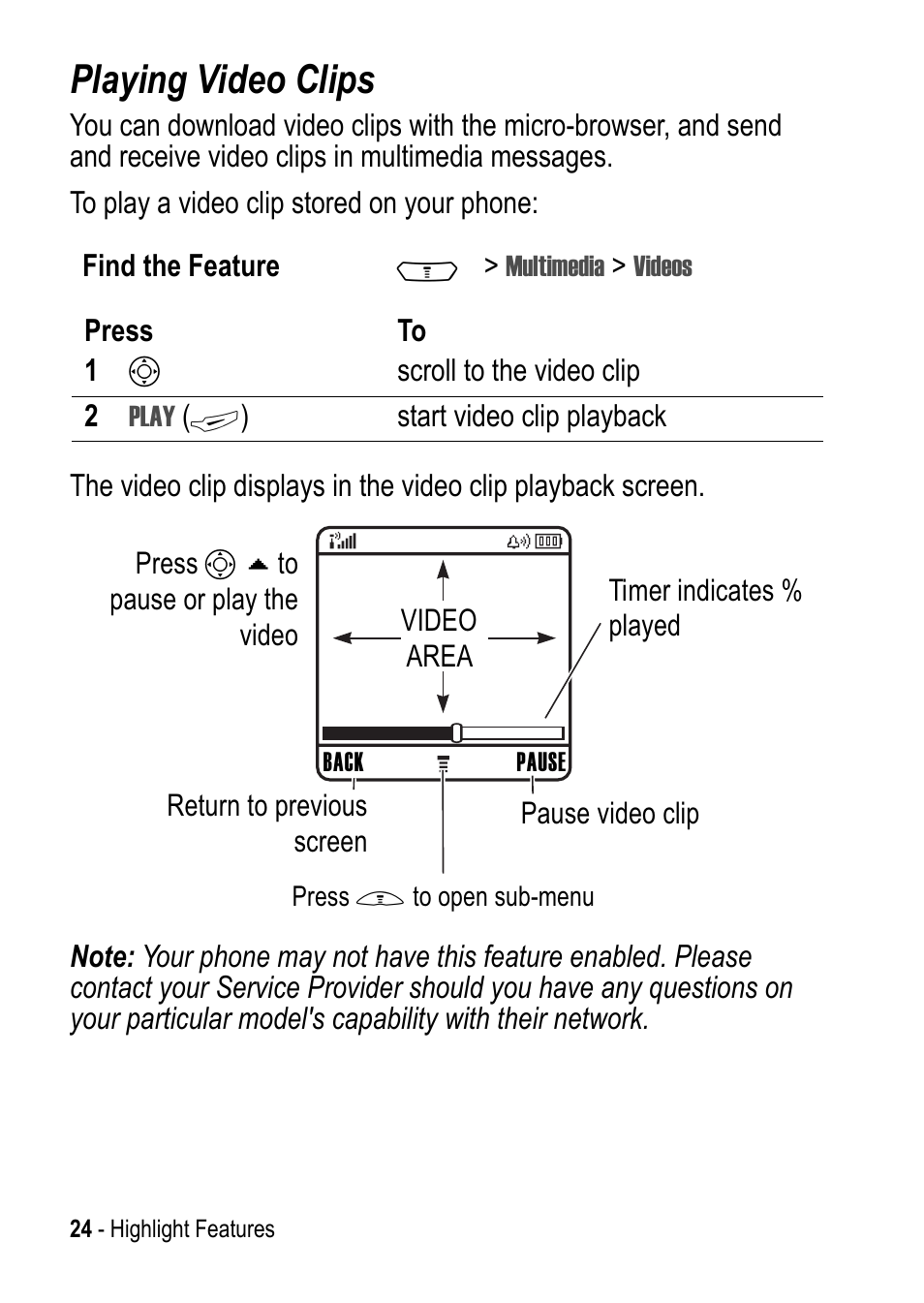 Playing video clips | Motorola C390 User Manual | Page 24 / 86