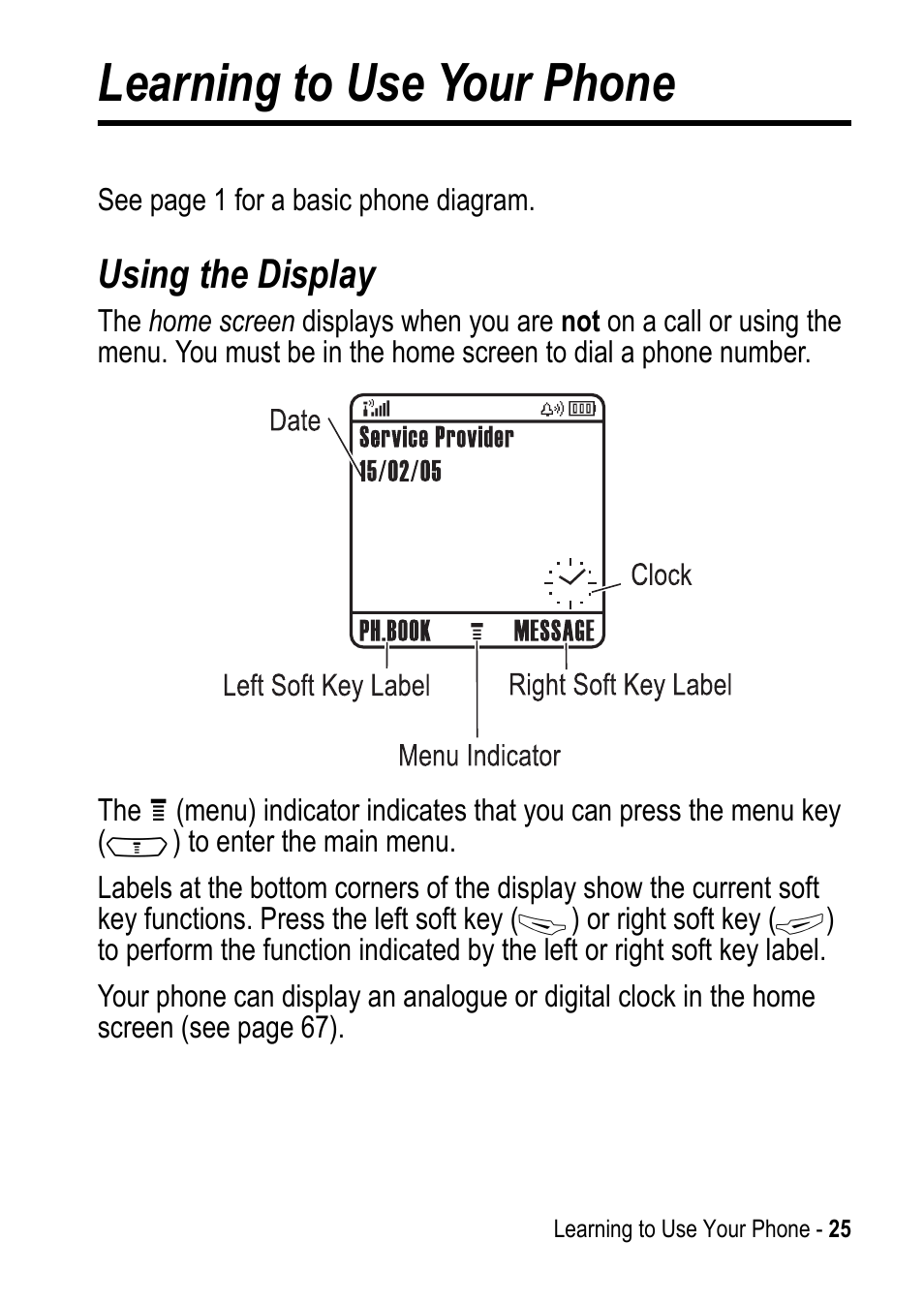 Learning to use your phone, Using the display | Motorola C390 User Manual | Page 25 / 86