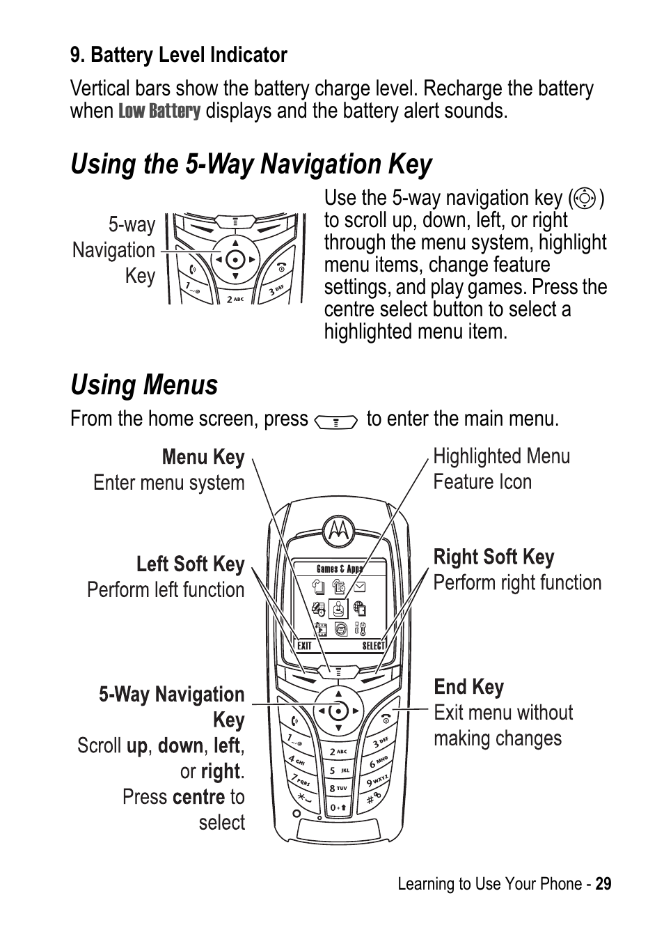 Using the 5-way navigation key, Using menus | Motorola C390 User Manual | Page 29 / 86