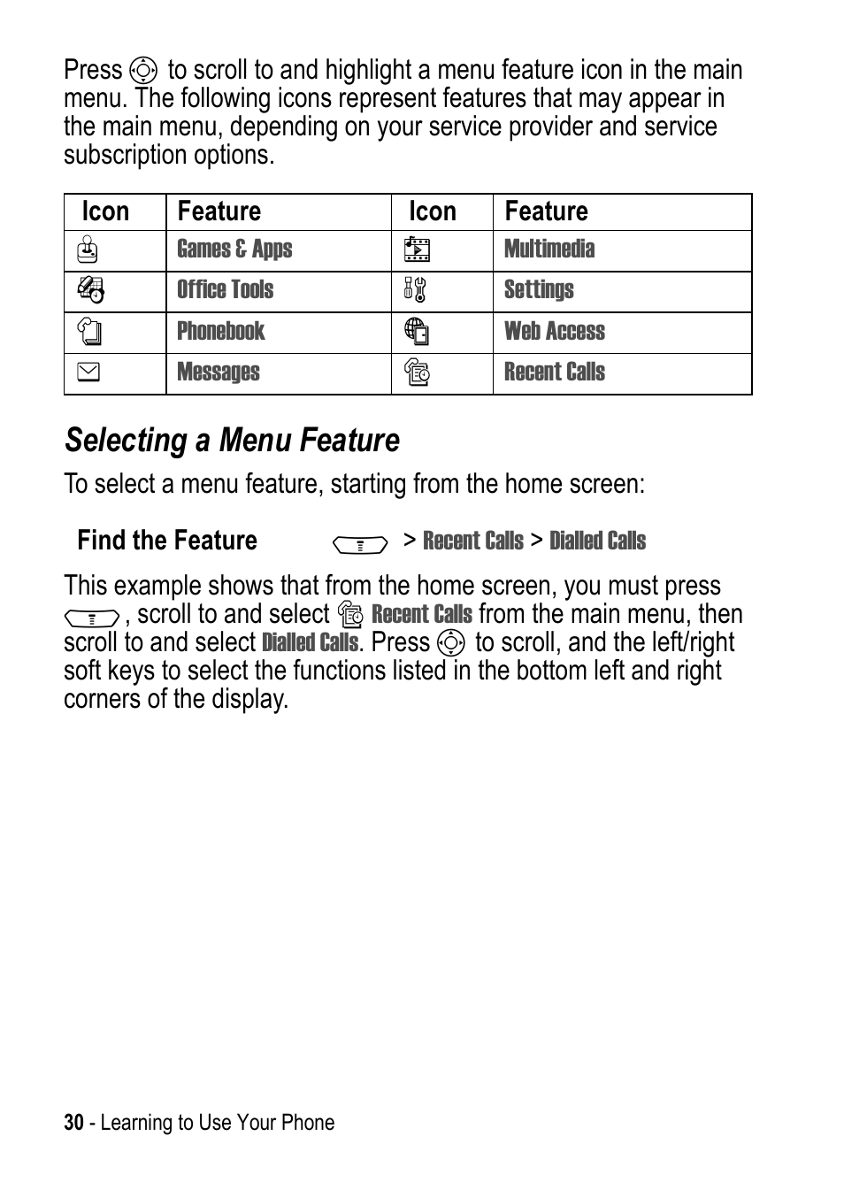 Selecting a menu feature | Motorola C390 User Manual | Page 30 / 86