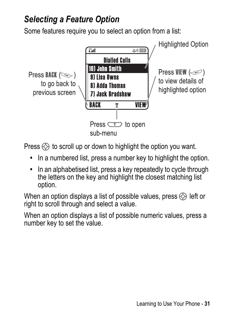 Selecting a feature option | Motorola C390 User Manual | Page 31 / 86