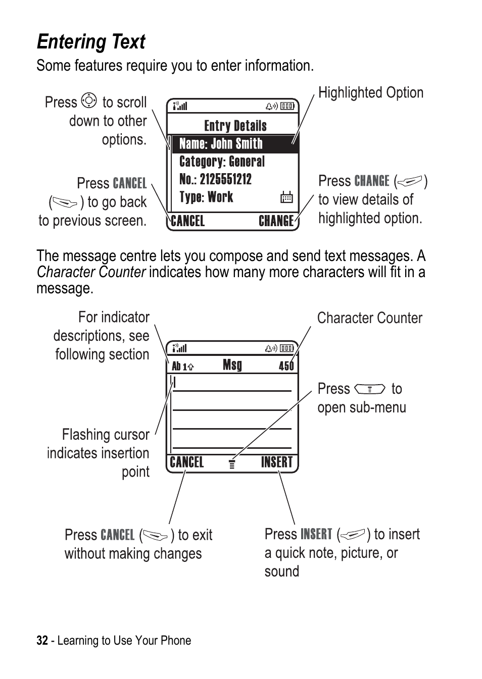 Entering text | Motorola C390 User Manual | Page 32 / 86