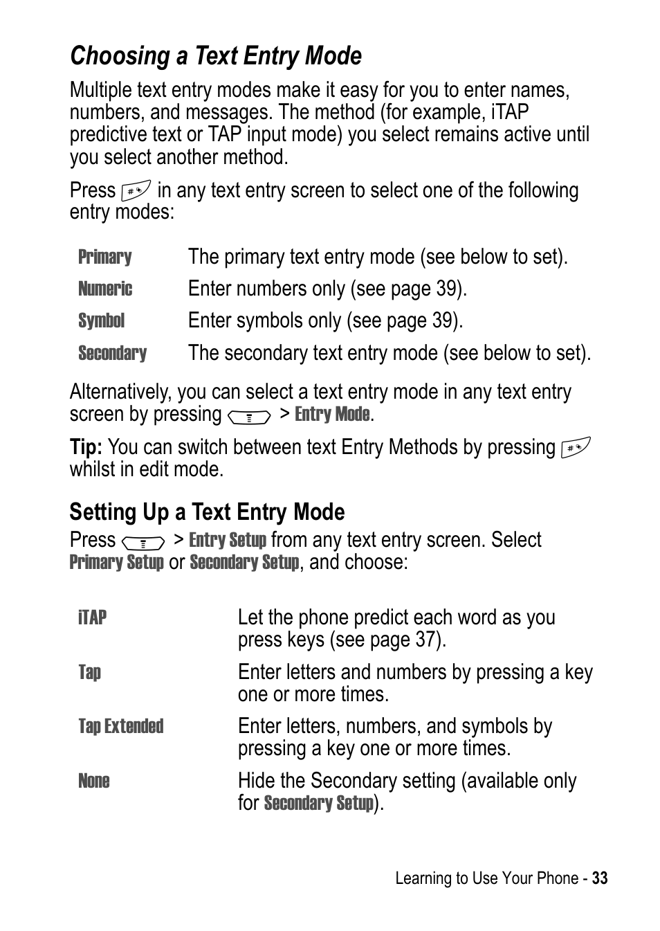 Choosing a text entry mode | Motorola C390 User Manual | Page 33 / 86