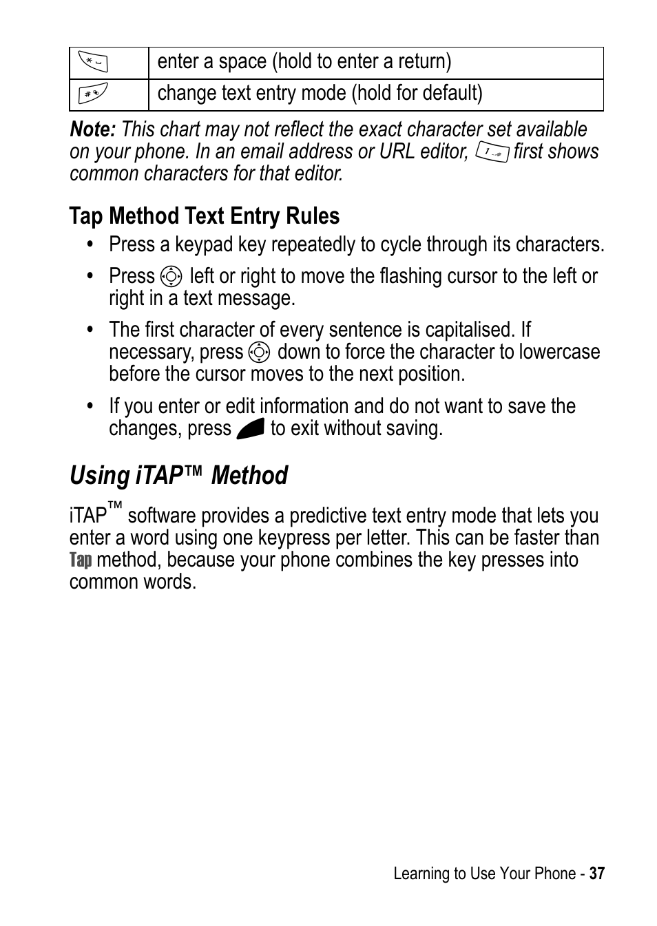 Using itap™ method | Motorola C390 User Manual | Page 37 / 86