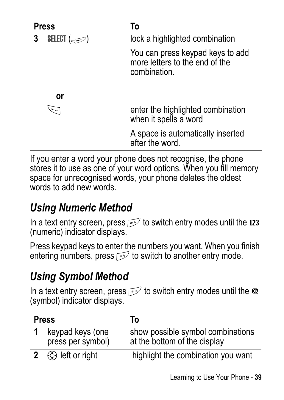 Using numeric method, Using symbol method | Motorola C390 User Manual | Page 39 / 86