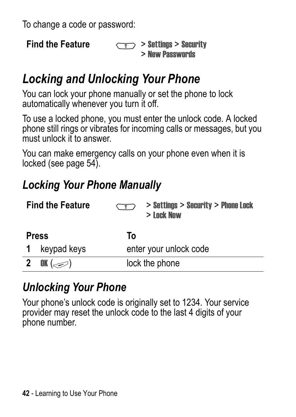 Locking and unlocking your phone, Locking your phone manually unlocking your phone | Motorola C390 User Manual | Page 42 / 86