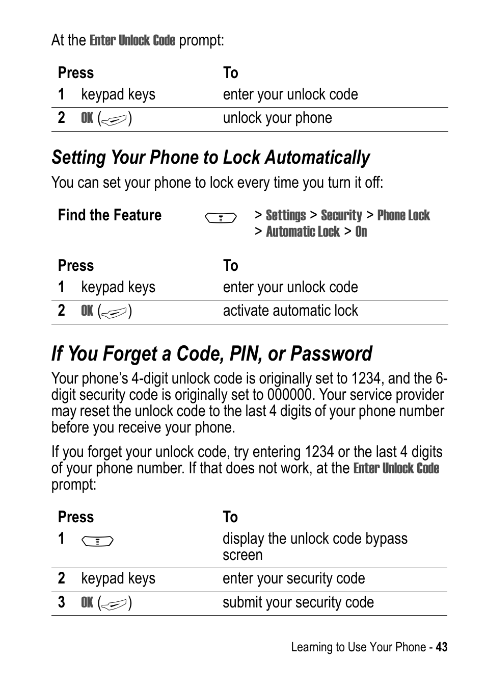 If you forget a code, pin, or password, Setting your phone to lock automatically | Motorola C390 User Manual | Page 43 / 86