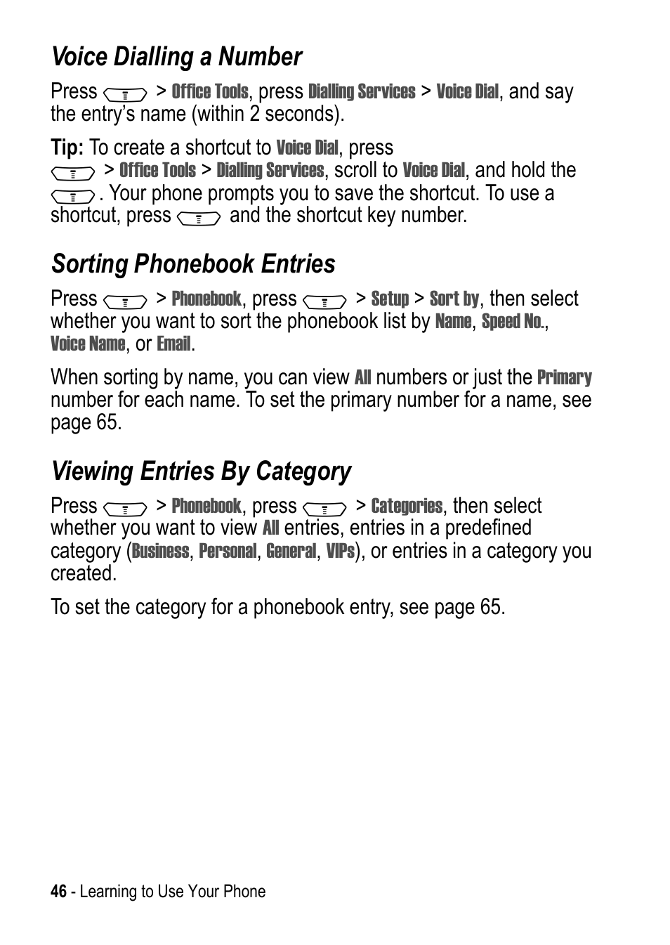 Voice dialling a number, Sorting phonebook entries, Viewing entries by category | Motorola C390 User Manual | Page 46 / 86