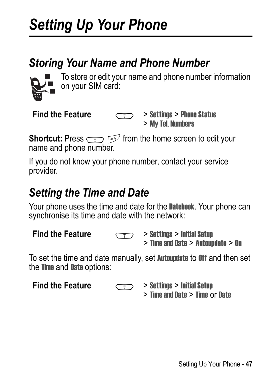 Setting up your phone, Storing your name and phone number, Setting the time and date | Motorola C390 User Manual | Page 47 / 86