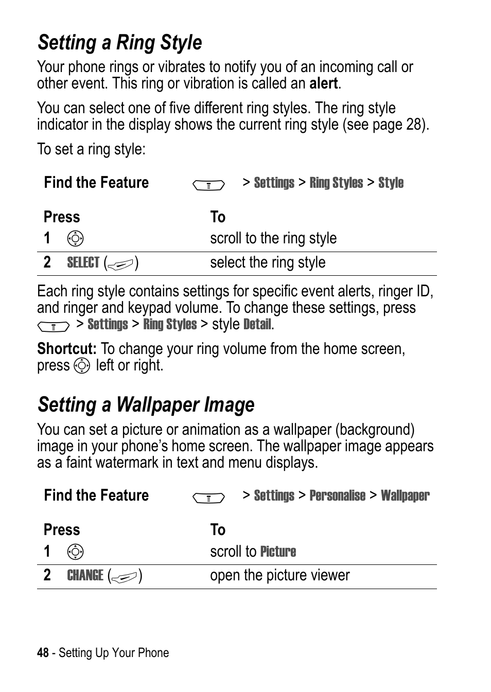 Setting a ring style, Setting a wallpaper image | Motorola C390 User Manual | Page 48 / 86