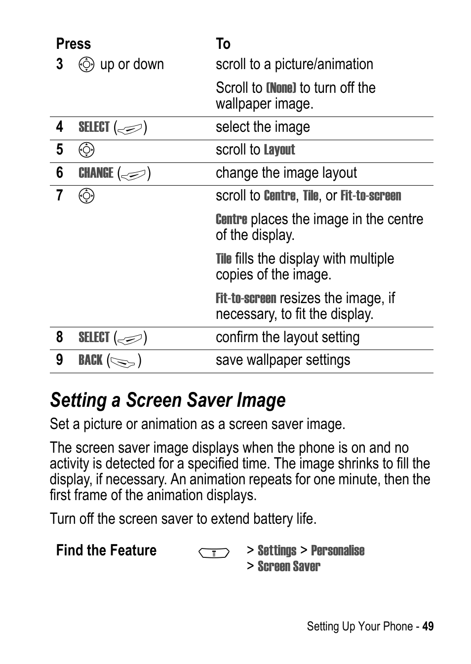 Setting a screen saver image | Motorola C390 User Manual | Page 49 / 86