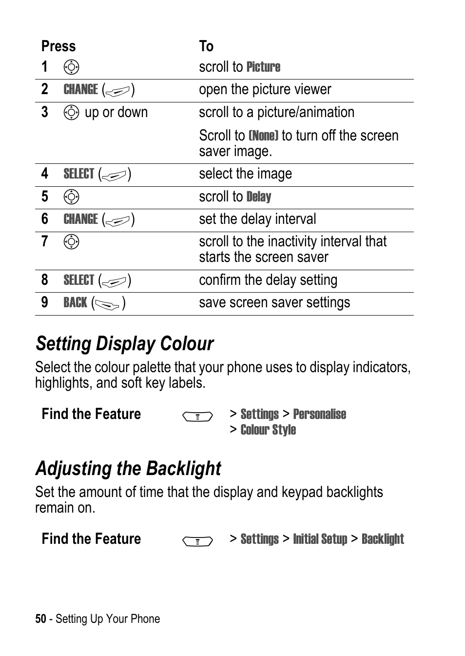 Setting display colour, Adjusting the backlight | Motorola C390 User Manual | Page 50 / 86