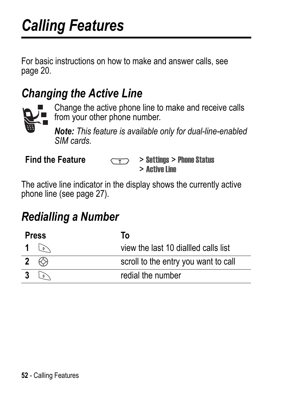 Calling features, Changing the active line, Redialling a number | Motorola C390 User Manual | Page 52 / 86