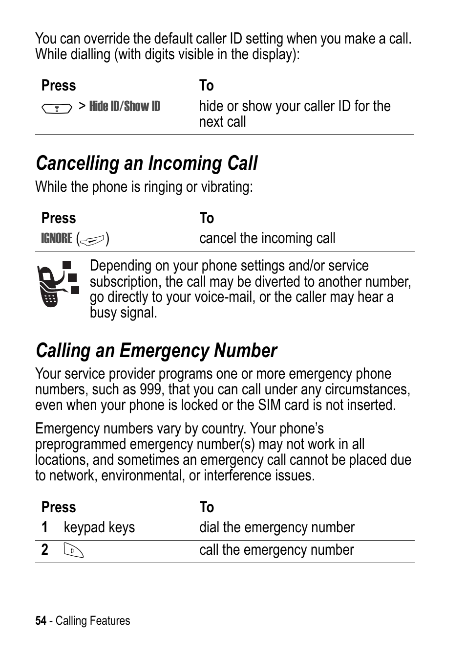 Cancelling an incoming call, Calling an emergency number | Motorola C390 User Manual | Page 54 / 86