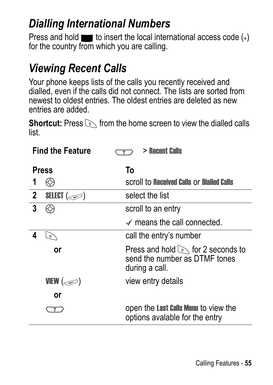 Dialling international numbers, Viewing recent calls | Motorola C390 User Manual | Page 55 / 86