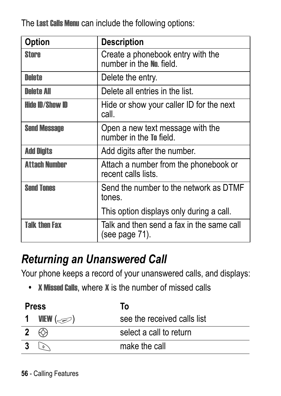 Returning an unanswered call | Motorola C390 User Manual | Page 56 / 86