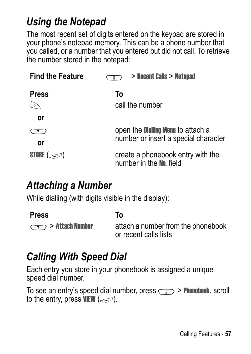 Using the notepad, Attaching a number, Calling with speed dial | Motorola C390 User Manual | Page 57 / 86